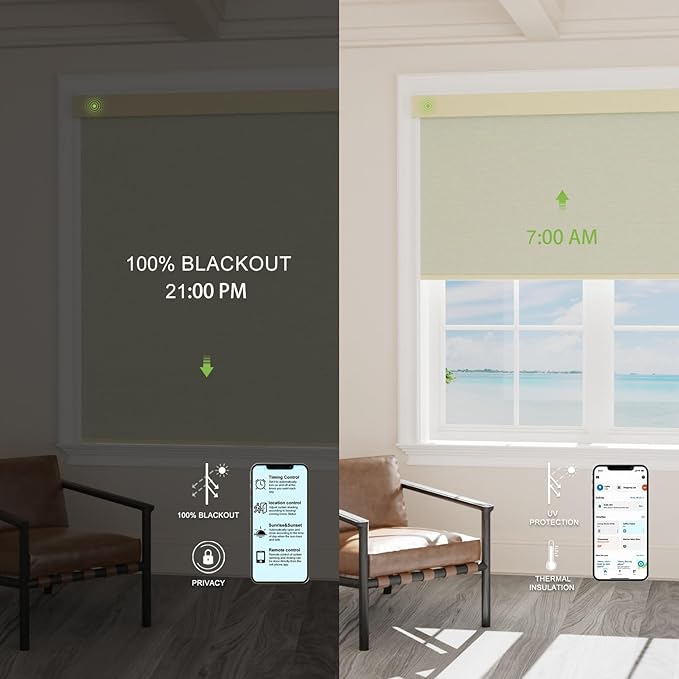 Motorized Blinds with Remote，100% Blackout Smart Blinds Motorized Roller Shades Compatible with Alexa Automatic Blinds for Windows Electric Window Blinds Customized Size Starlight Beige