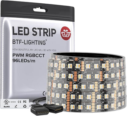 BTF-LIGHTING RGBCCT LED Strip UL Listed 16.4ft 96LED/m 300LED DC12V IP67 | Black LED Tape 12mm wide 5 Colors in 1 RGB+Dimmable Tunable Color Temperature 2700K-6500K for Decor(No Adapter or Controller)