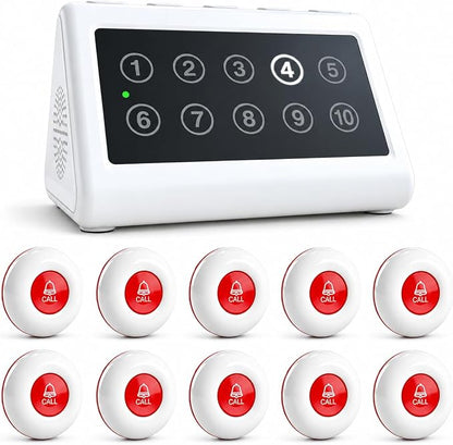 CallToU Wireless Calling System Caregiver Pager Call Button System with 10 Waterproof Call Buttons and 1 Number Receiver for Clinic Nurses Station Restaurant Nursing Home