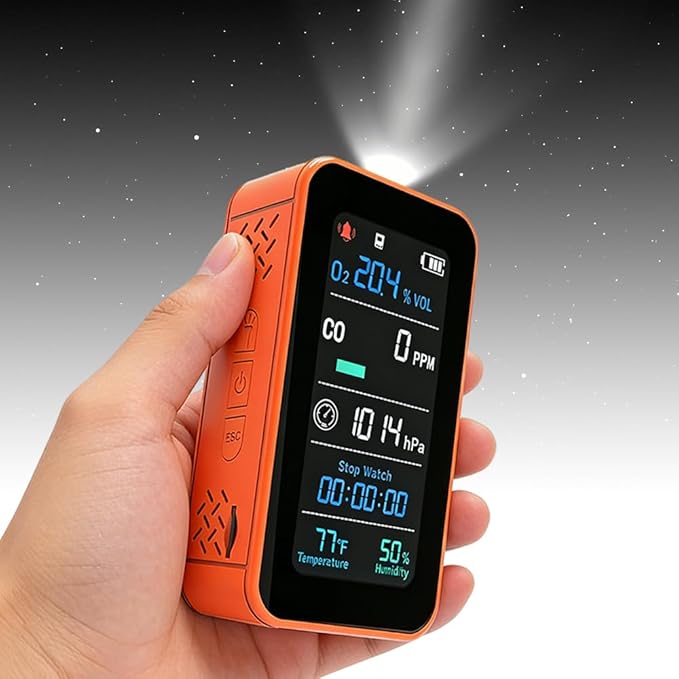 Portable Outdoor Environmental Monitor with O₂ & CO Level Tracking, Barometric Pressure, Temperature & Humidity, LED Flashlight and Stopwatch, Rechargeable Handheld Device for RV & Camping
