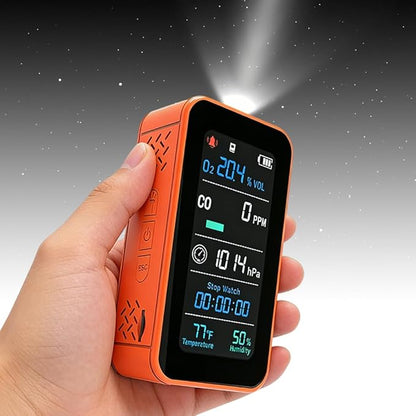 Portable Outdoor Environmental Monitor with O₂ & CO Level Tracking, Barometric Pressure, Temperature & Humidity, LED Flashlight and Stopwatch, Rechargeable Handheld Device for RV & Camping