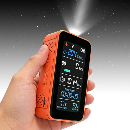 Portable Outdoor Environmental Monitor with O₂ & CO Level Tracking, Barometric Pressure, Temperature & Humidity, LED Flashlight and Stopwatch, Rechargeable Handheld Device for RV & Camping