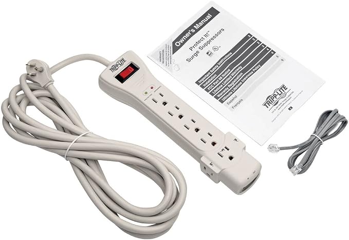 Tripp Lite 7 Outlet Surge Protector Power Strip, 15ft. Extra Long Cord, Right Angle Plug, Fax/Modem Protection, RJ11, $75K Insurance & Manufacturer's Warranty (SUPER7TEL15)