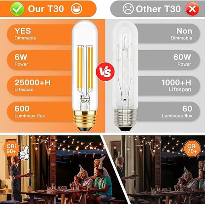 ToBeGreat T30 E26 Tubular Filament Light Bulbs Dimmable 6 Watt Equivalent 60W Bulb T10 Edison LED Warm White 2700K,Desk Lamp,Kitchen,2 Pack