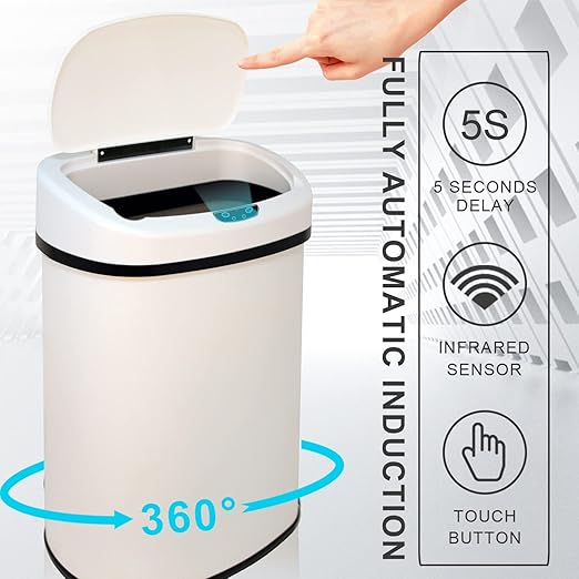 HCY Kitchen Trash Can 13 Gallon Automatic Metal Garbage Can Stainless Steel Waste Bin with Lid Smart for Kitchen,Office,Living Room,Bathroom(White), 16'(L)x11'(W)x25(H)'