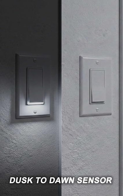 10Pack SOZULAMP-Illuminated-Light-Switch with Night Light, No Neutral Wire, Single Pole Decorator Rocker Switch, Dusk to Dawn LED Guide Light for Hallway Bathroom Stairs, 15A 120/277V, White