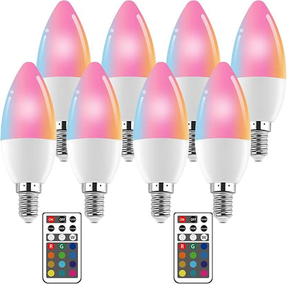 XRise E12 LED Bulb 3W Color Changing Candle Light (RGB + Warm White) 12 Colors, 3000K, Remote Control Included (2 Remote) Decorative Candle Lamp for Stage Home Decor,8 Pack