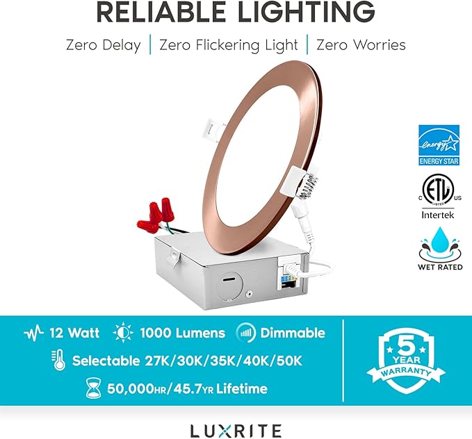 LUXRITE 6 Inch Ultra Thin LED Recessed Light with J-Box, 12W, 5 Color Options 2700K | 3000K | 3500K | 4000K | 5000K, Dimmable Wafer Light, 1000 Lumens, Copper Trim, Energy Star, IC Rated (4 Pack)