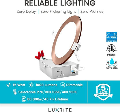 LUXRITE 6 Inch Ultra Thin LED Recessed Light with J-Box, 12W, 5 Color Options 2700K | 3000K | 3500K | 4000K | 5000K, Dimmable Wafer Light, 1000 Lumens, Copper Trim, Energy Star, IC Rated (4 Pack)
