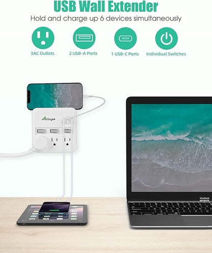 Alitayee Wall Outlet Extender Surge Protector, USB Power Strips with Individual Switches and 15.5W Type-C Fast Charging Ports for Cell Phone,Home,Office,Dorm ETL Listed White