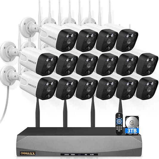 5.5MP & 2-Way Audio Dual Antennas Security Wireless Camera System 3K 5.0MP 1944P Wireless Surveillance Monitor NVR Kits,16Pcs Outdoor WiFi Security Cameras PIR Detection