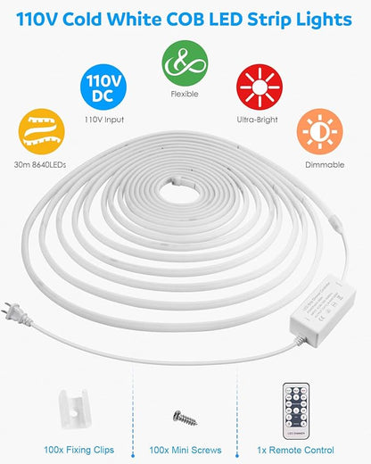 Aclorol 110V COB LED Strip Lights Outdoor Waterproof 100FT AC 120V LED Rope Light Dimmable COB Flexible Light High Density Uniform Light LED Strip Super White 6000K for Commercial Grade Building