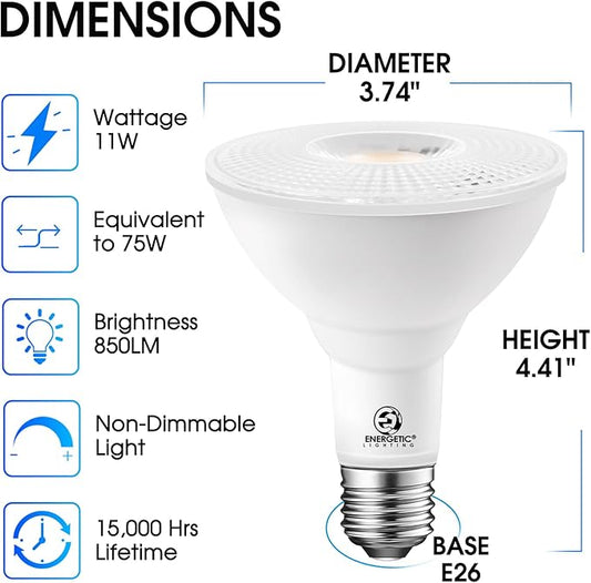 Energetic PAR30 2-Pack Dusk to Dawn LED Outdoor Flood Light Bulb, 75 Watt Equivalent(11W), 850LM, 5000K Daylight, E26 Base, Automatic On/Off Sensor Light Bulb for Porch, Hallway, ETL Listed