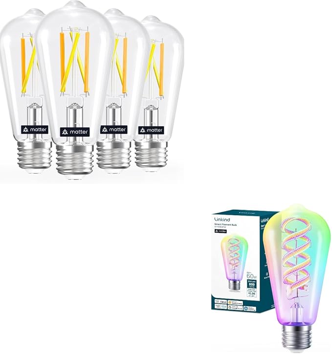 Linkind Matter ST19 Smart Light Bulb 4 Pack Matter Smart Bulbs, ST19 Led Bulb Compatible with Alexa, 1 Pack