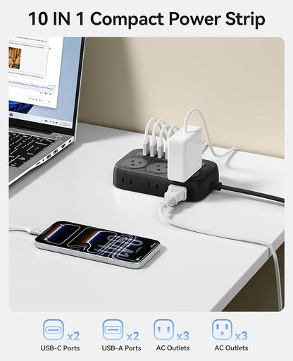 ORICO Surge Protector Power Strip, PD20W Multiple Outlets Extension Cord with 6 AC Outlets and 4 USB Charging Ports (2 USB-C), 45° Flat Plug, 10 Ft Mountable Outlet Extender for Home/Office/Dorm - OG