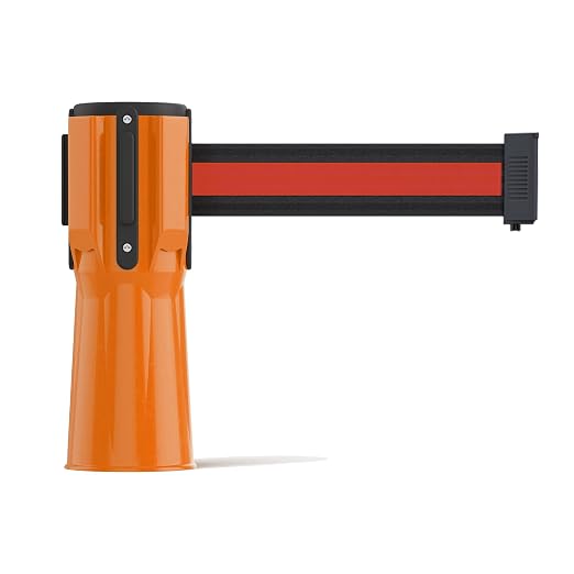 Trafford Industrial 11 Ft Cone-Mounted Retractable Belt Barrier Orange Case | Black with Horizontal Red Stripe, 2-inch Herringbone Webbing, Retraction Control and 4-way Receiver.