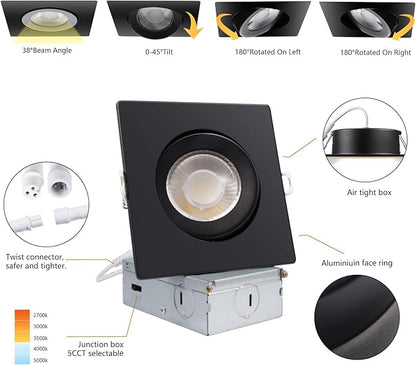 KnLnny Ware Black Square Recessed Lighting 4 inch 6 Pack with Gimbal,Canless Eyeball Recessed Lightswith Junction Box,dimmable, 5CCT Selectable,9W 750LM