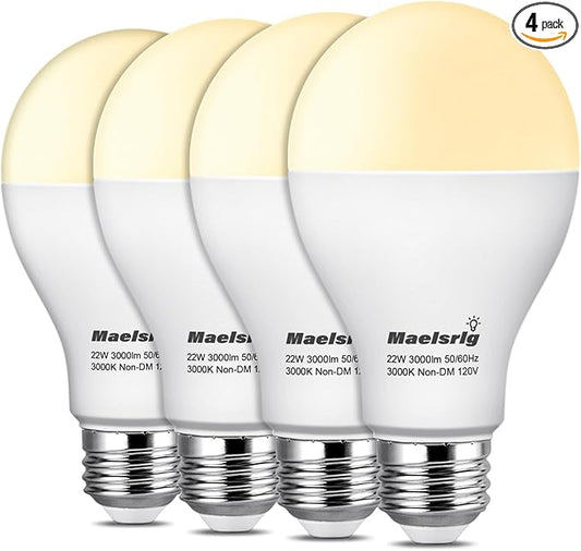 Maelsrlg 200 Watt Equivalent LED Bulb, A21 22W 3000 Lumen Light Bulb, Warm White 3000K, Non-Dimmable E26 Medium Base 120V-High Output 200 Watt LED Light Bulb for Home, Garage, Basement, 4-Pack