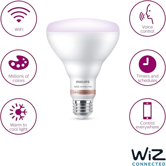 Philips Smart 65W BR30 Color LED Smart Bulb 4-Pack -E26- Indoor - Connects to Your Existing Wi-Fi - Control with Voice or App + Activate with Motion - Matter Compatible