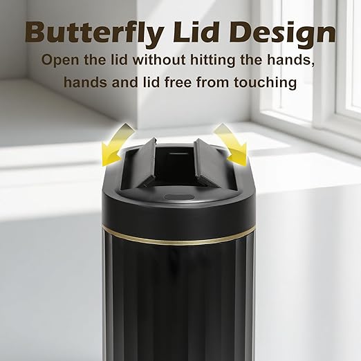 SYNCVIBE Bathroom Trash Can with Lid Butterfly 2 Gallon Sensor Trash can, IPX5 Waterproof Garbage Can, Automatic Slim Trash Bin, Under-Counter Wastebasket Bathroom Decor for Kitchen, Black Gold