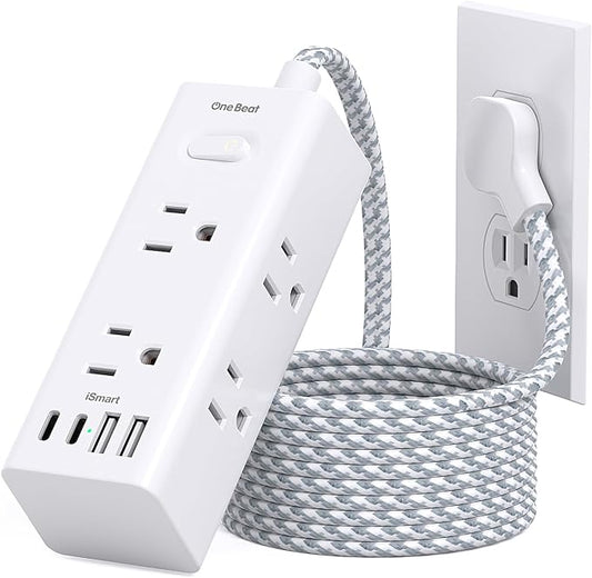 Flat Plug Extension Cord 6 Ft, One Beat 6 Feet Surge Protector Power Strip with 6 Widely Outlets 4 USB Ports (2 USB C), 3 Way Wall Outlet Extender Extension Cord for Home Office College Dorm Room