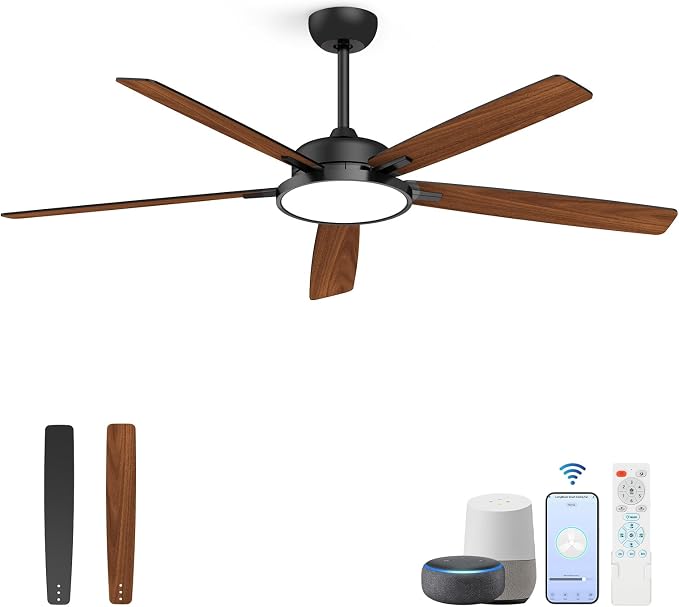 Roomratv 62 Inch Smart Ceiling Fan Compatible with App/Alexa/Google home | Black,Beep-Off Function,Ultra Quiet,Bright and Dimmable Led Light,Energy saving,Reversible，Indoor/Outdoor Use