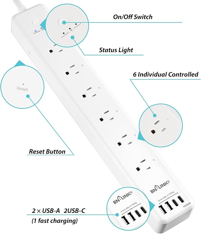 BN LINK Smart Plug Power Strip，Surge Protector with 6 Individually Controlled Smart Outlets, 4 USBs (incl. 20W USB-C), Compatible with Alexa and Google Home