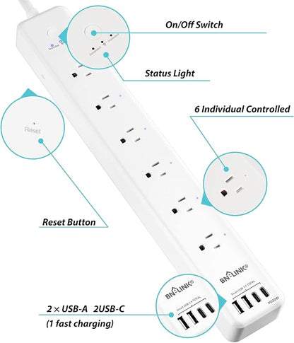 BN LINK Smart Plug Power Strip，Surge Protector with 6 Individually Controlled Smart Outlets, 4 USBs (incl. 20W USB-C), Compatible with Alexa and Google Home