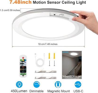 Wireless Motion Sensor Ceiling Light, 7.5" Ultra-Thin, 8000mAh Rechargeable, 450LM, 5 Color Temps, Dimmable with Timer & Remote, Magnetic Stick-On/Screw Mount for Closet, Hallway, 2-Pack