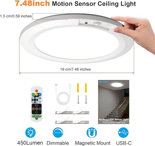 Wireless Motion Sensor Ceiling Light, 7.5" Ultra-Thin 8000mAh Rechargeable, 450 LM, 5 Color Temps, Dimmable with Timer & Remote, Magnetic/Screw Mount for Closet, Hallway, Pantry, 1-Pack
