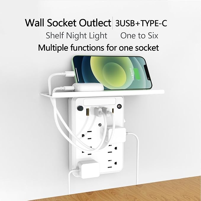 Preliminark Wall Outlet Extender with Shelf Night, Outlet Extended with Surge Protector and Shelf 6 Ac Outlets, 3 USB & 1 USB C Charging Ports, for Home Office (1pcs)