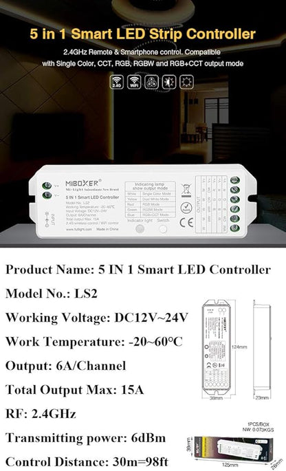 LGIDTECH LS2 LED Strip Lights 5 in 1 Controller,Compatible with Single Color,RGB,RGBW,WW+CW,RGB+CCT LED Strip Lights,Smartphone APP Control via Gateway(Excluded)