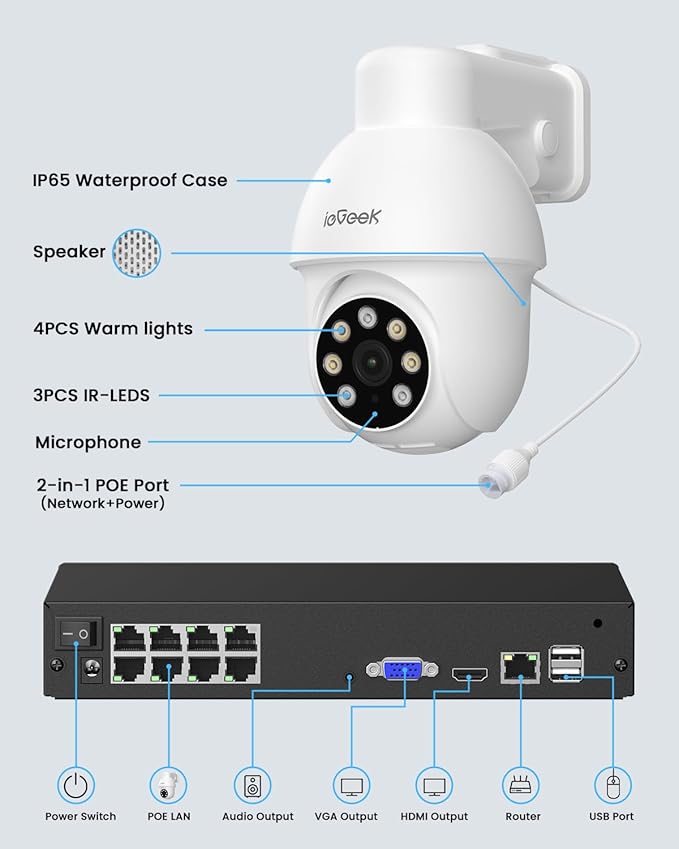 ieGeek 8MP PoE Security Camera System, 1pcs Wired Outdoor Cameras for Home Security with 355°Pan 90°Tilt, 8CH NVR with 2TB HDD, Automatic Human Tracking,AI Detection,2-Way Audio,Color Night Vision