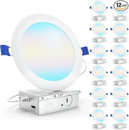 Sunco 12 Pack 6 Inch LED Recessed Light, Canless Ceiling Lights Slim with Junction Box, 1200 LM, 14W (100W Equivalent), Selectable CCT 2700K/3000K/4000K/5000K/6000K, Dimmable, Wafer Thin ETL