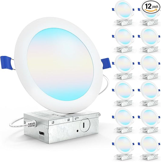 Sunco 12 Pack 6 Inch LED Recessed Light, Canless Ceiling Lights Slim with Junction Box, 1200 LM, 14W (100W Equivalent), Selectable CCT 2700K/3000K/4000K/5000K/6000K, Dimmable, Wafer Thin ETL