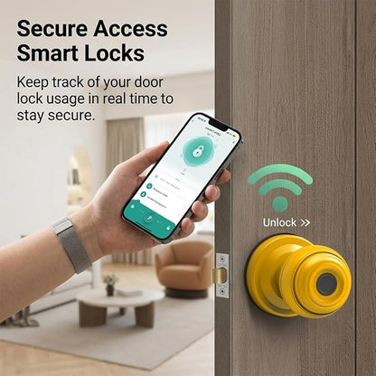 Smart Fingerprint Door Lock Knob, Tuya App Keyless Entry, Yellow | Biometric Handle, Auto Lock, Remote Access, Backup Key, Easy Installation