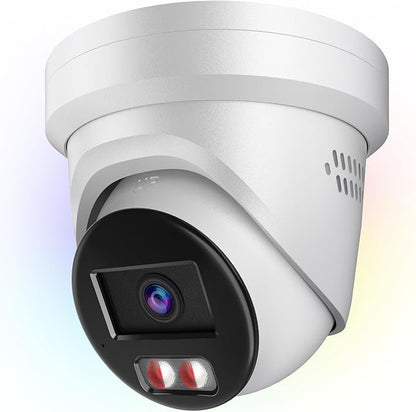 4K 8MP Color View Turret PoE IP Camera Outdoor with Smart Hybrid Light, Strobe Light & Audible Warning, AI VCA, Human/Vehicle Detection, 4K-25fps, 1/1.8" Sensor, F1.0 Aperture, 2-Way Audio, 130 dB WDR