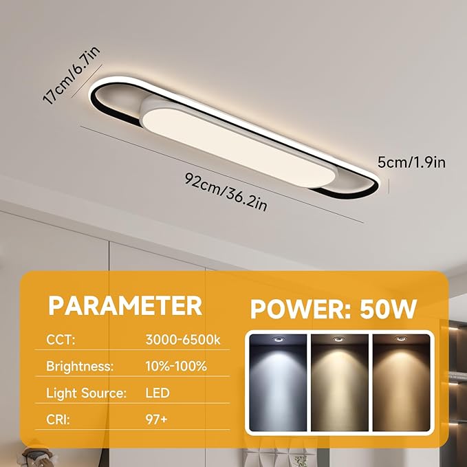 3Ft Smart LED Ceiling Lighting,50W High Brightness Linear Flush Mount Light Fixture,36.2" Dimmable Led Ceiling Lamp with Remote Control for Kitchen,Garage,Hallway,Laundry,Study Room.