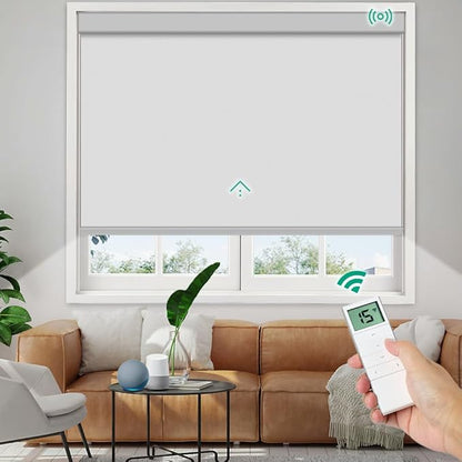 Motorized Roller Shades, 10O% Blackout Waterproof Remote Control Custom Window Shades Work with Alexa Google Assistant via RF Hub, Rechargeable Electric Blinds for Windows (Vinyl Light Grey)