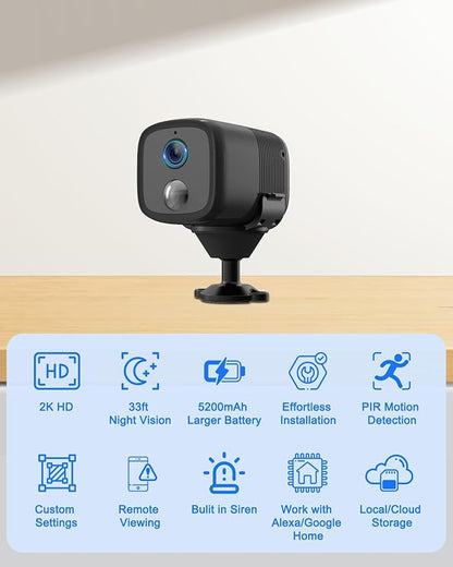 UCOCARE 2K Security Camera Indoor Wireless with 5200mAh Larger Battery, Mini Security Camera for Home Security, HD Portable Camera WiFi, 160° Wide View, Smart Motion Detection, 33ft Night Vision
