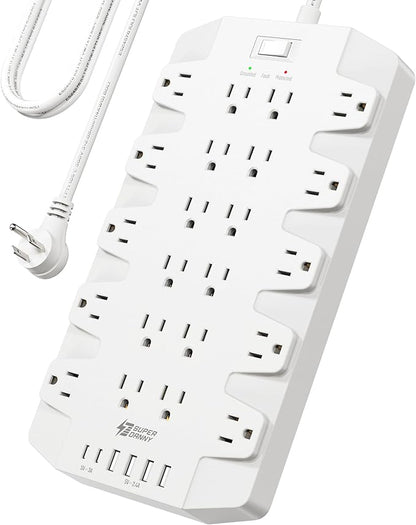 Power Strip, SUPERDANNY Surge Protector with 22 Outlets, 2 USB-C and 4 USB-A, 2100J, 6.5Ft Flat Plug Heavy Duty Extension Cord (1875W/15A), Wall Mountable for Home, Office, Dorm, Gaming Room, White