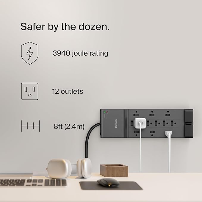 Belkin Power Strip Surge Protector - 12 AC Multiple Outlets & 8 ft Long Flat Plug Heavy Duty Extension Cord for Home, Office, Travel, Computer, Laptop & Phone Charging Brick (3,940 Joules), Pack of 3
