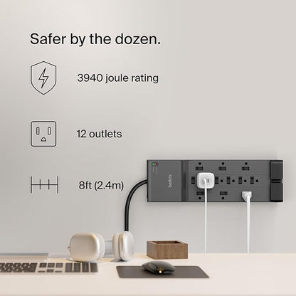 Belkin Power Strip Surge Protector - 12 AC Multiple Outlets & 8 ft Long Flat Plug Heavy Duty Extension Cord for Home, Office, Travel, Computer, Laptop & Phone Charging Brick (3,940 Joules), Pack of 3