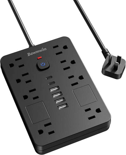 Surge Protector Power Strip - 8 Outlets(1850W/15A/14AWG) with 6 USB Ports（2 USB C, 6FT Flat Plug Extension Cord, Wall Mount Multi Plug Outlet Extender, ETL Listed for Home, Dorm Room, Black