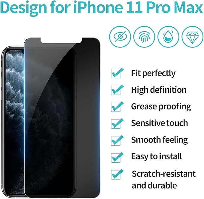 PEHAEL 2 Pack for iPhone 11 Pro Max/iPhone Xs Max Privacy Screen Protector Anti-Spy Tempered Glass Film 9H Hardness Easy Installation Bubble Free [6.5 inch]