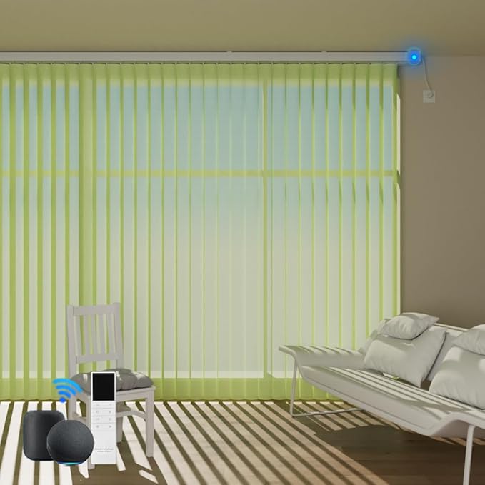 Motorized Sheer Vertical Blinds Compatible with Alexa Google Home, Light Filtering Smart Vertical Blind Sliding Door Blinds Remote Control Blinds for Sliding Glass Door Customize (Green)