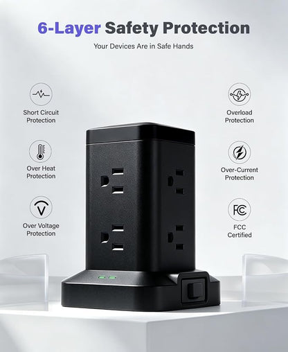 Power Strip Tower with Surge Protector 1800J, Fast Charging Tower PD20W USB-C Ports with 8 AC Outlets, Extension Cord for Home Office Dorm Room, Black, 10FT
