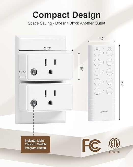 Remote Control Outlet, 200FT Long Range Wireless Light Switch, Mini Remote Outlet Plug, 15A/1875W High-Power for Lamps, Lights, Household Appliances, FCC & ETL Listed (5 Outlets + 2 Remotes)