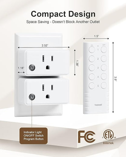 Remote Control Outlet, 200FT Long Range Wireless Light Switch, Mini Remote Outlet Plug, 15A/1875W High-Power for Lamps, Lights, Household Appliances, FCC & ETL Listed (5 Outlets + 2 Remotes)