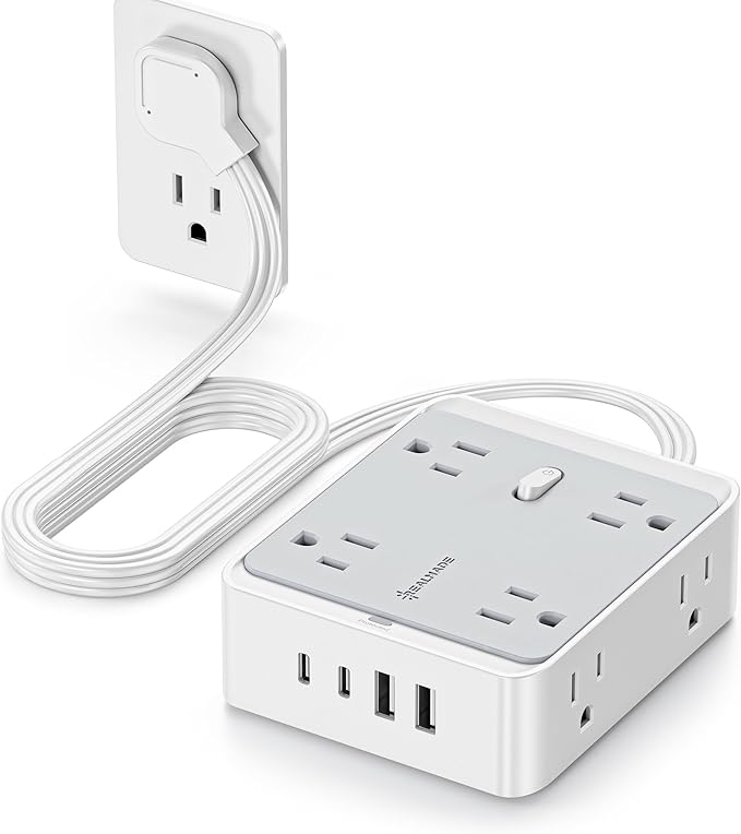 33W Fast Charging Extension Cords, 12-in-1 Extension Cord with USB Ports, Flat Wall Extension Cord with 8 AC Outlets 2 USB-A and 2 USB-C, Flat Plug Extension Cord with 950J Surge Protection for Home